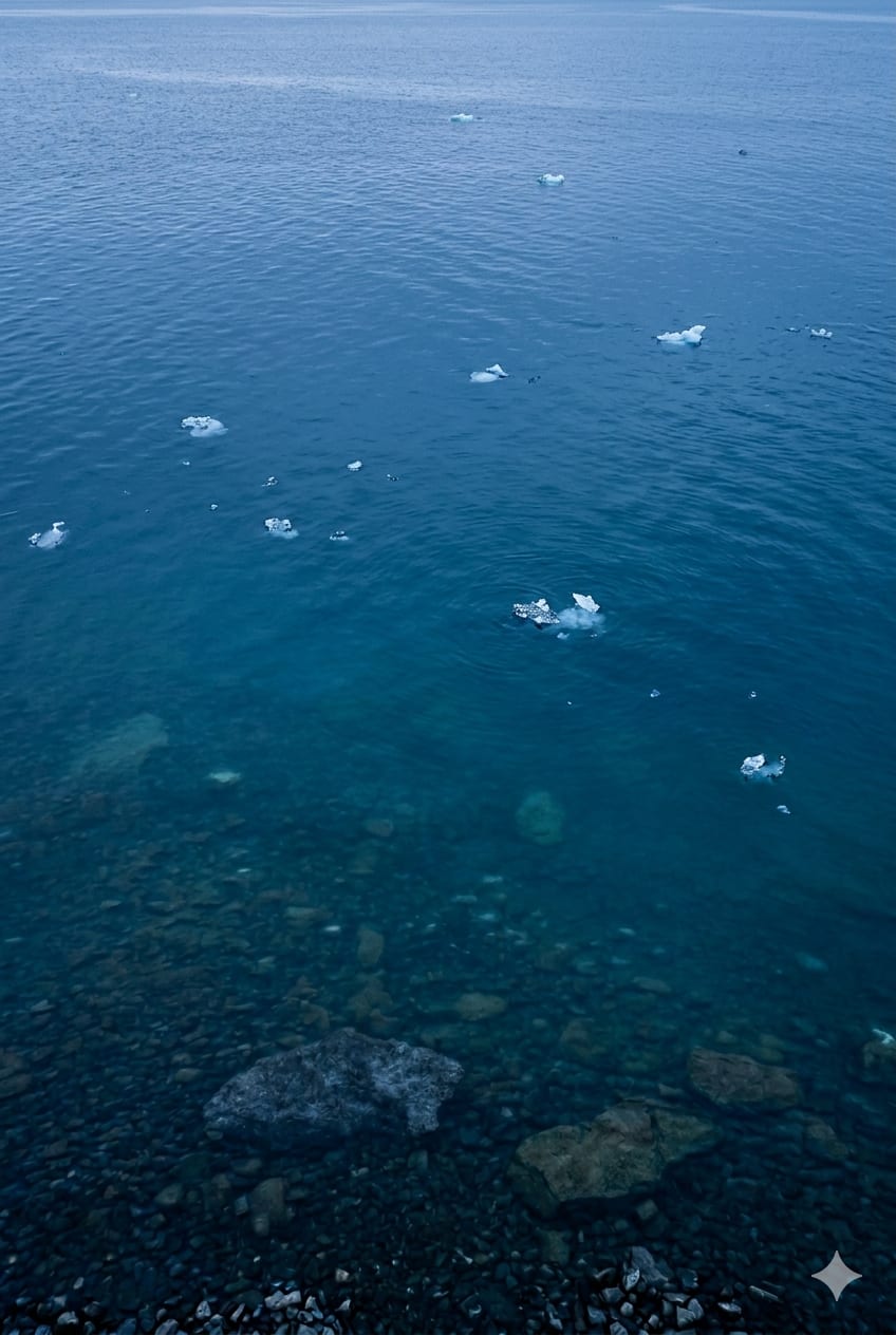 Icelandic glacial water with drifting icebergs over a clear rocky seabed